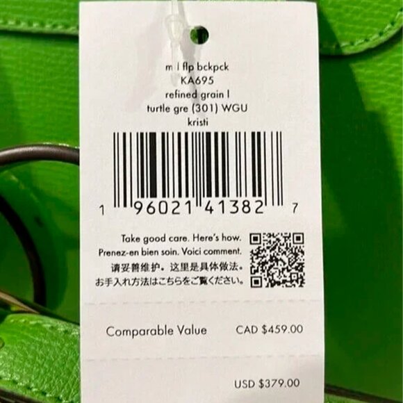 S Kate Spade Kristi Medium Flap Backpack Turtle Green Leather KA695 NWT $379